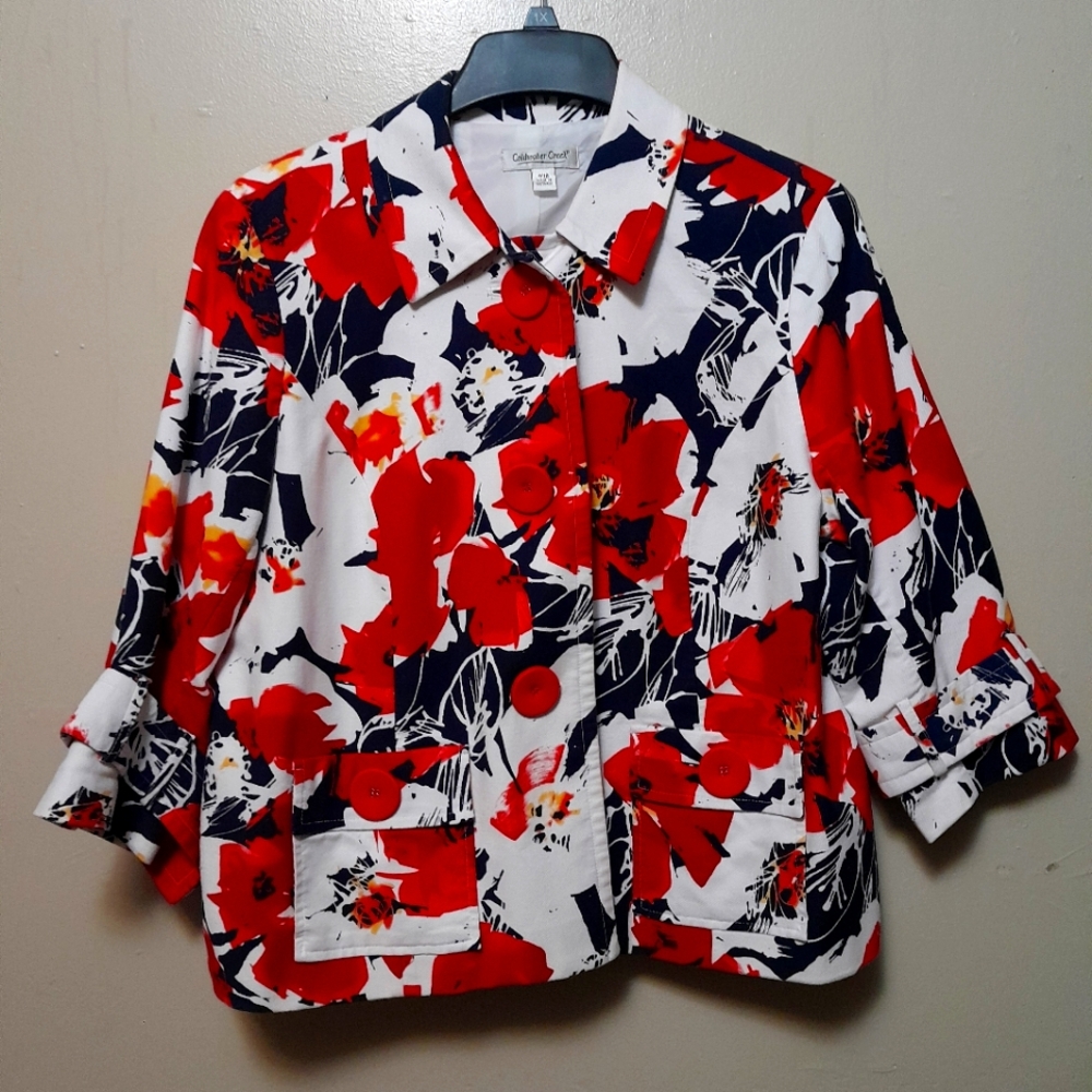 Coldwater Creek 18W Woman 3/4 Sleeves Red Floral Jacket